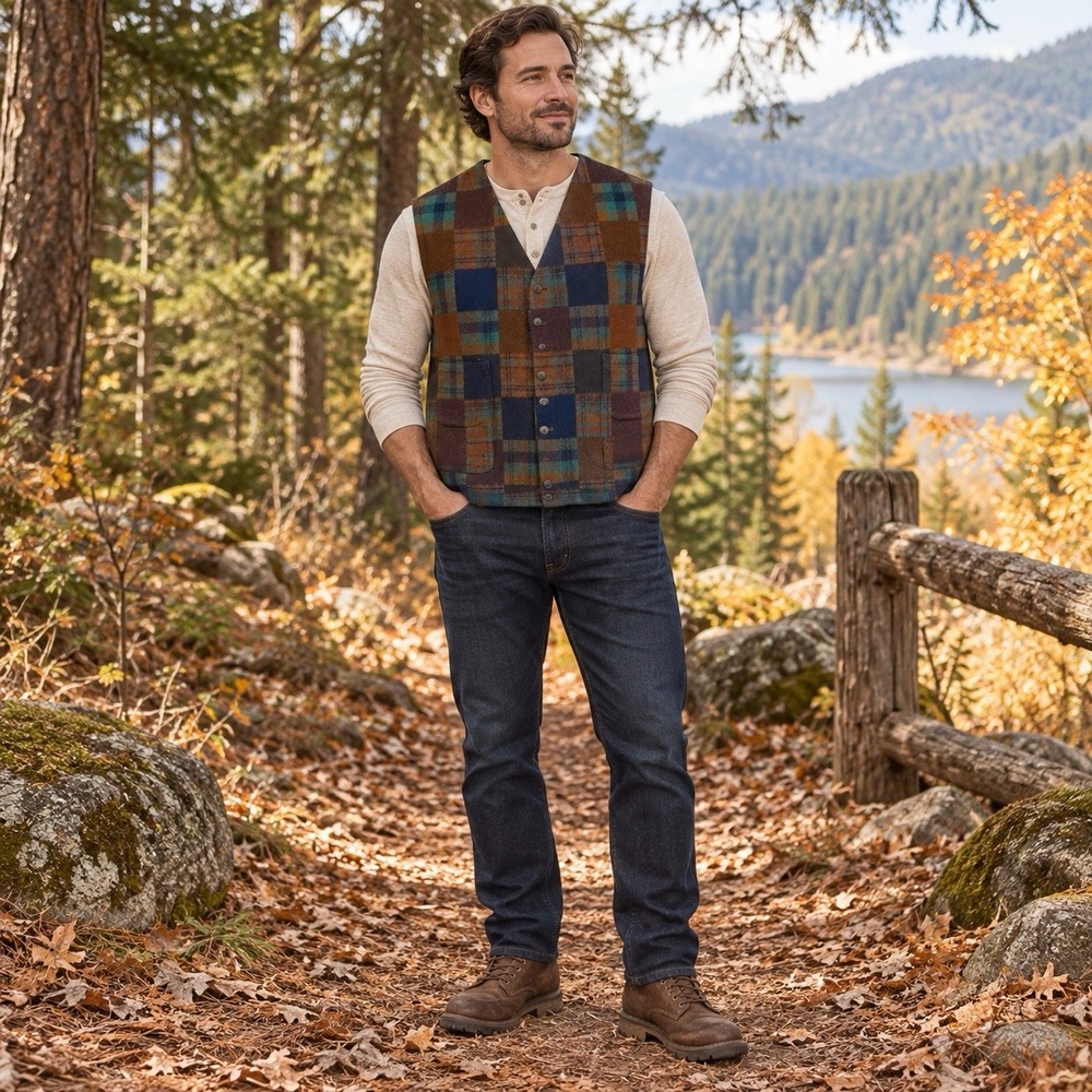 Eddie Bauer Wool Blend Patchwork Plaid Vest Mens XL